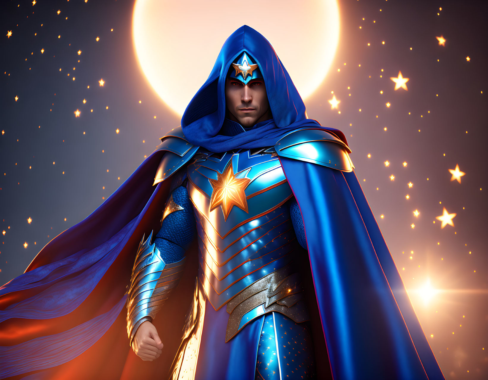 Superhero illustration with blue cape, star emblem, and armor against glowing sun and stars