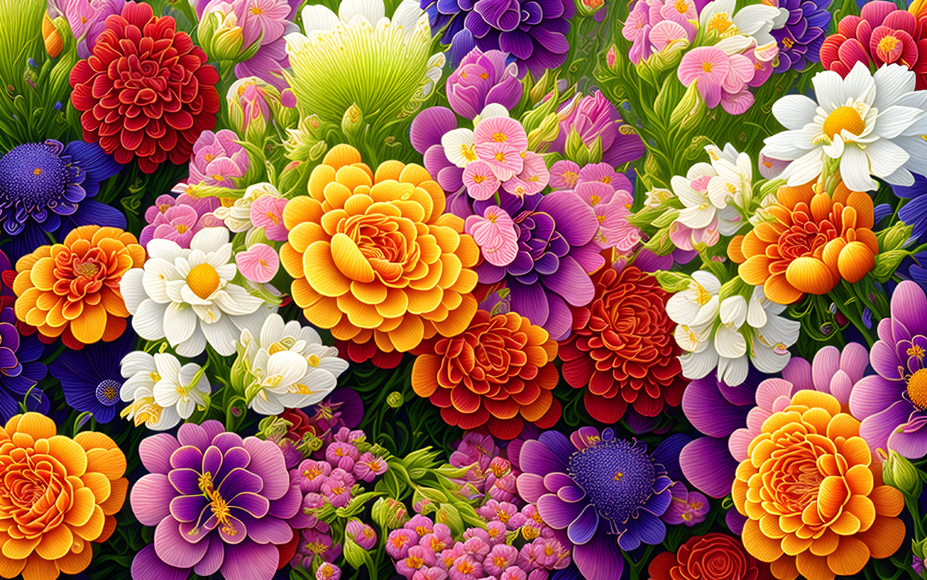 Colorful Detailed Flowers in Full Bloom: Various Shapes and Sizes