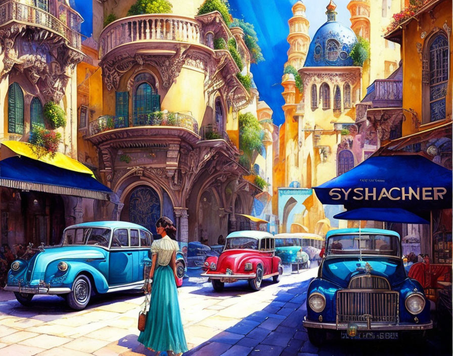 Colorful vintage cars, ornate buildings, and a woman in a blue dress in vibrant street scene