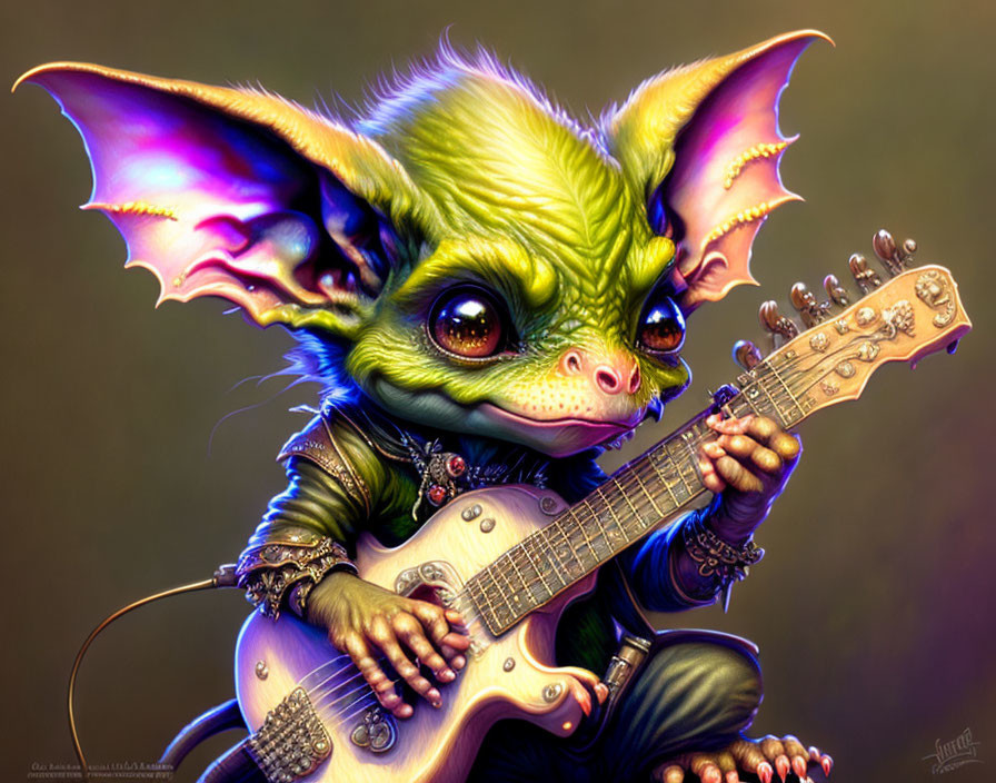 Colorful Illustration of Green Bat-Eared Creature Playing Electric Guitar