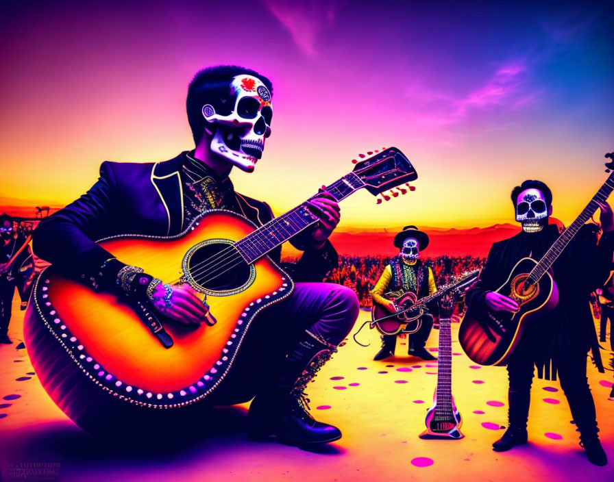 Three people with skull face paint playing guitars at sunset with vibrant purple and orange skies