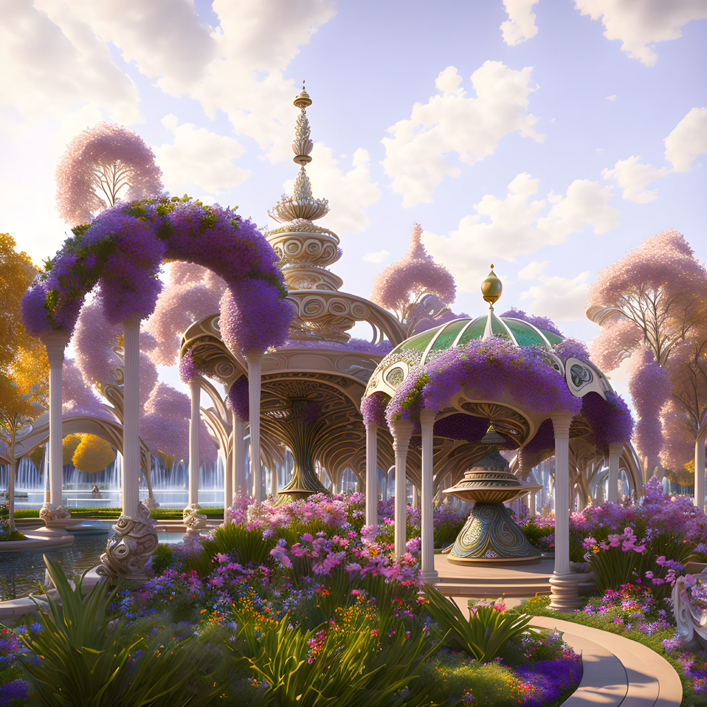 Purple flower-adorned gazebo in lush garden under soft sunlight