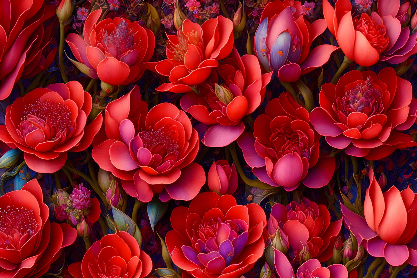 Red and Pink Blooming Roses with Dark Foliage Pattern