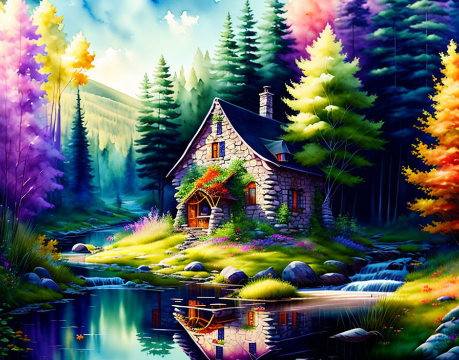 Colorful Stone Cottage Illustration in Lush Forest Setting