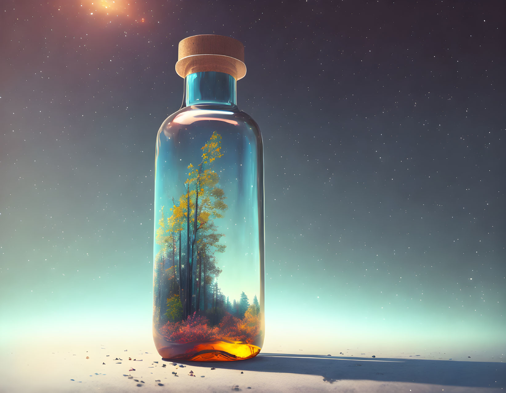 Glass bottle with miniature forest under starry sky