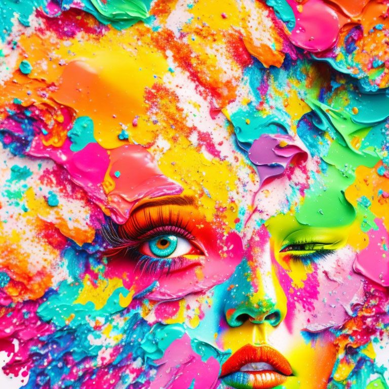 Colorful painting of woman's face with vibrant paint splashes