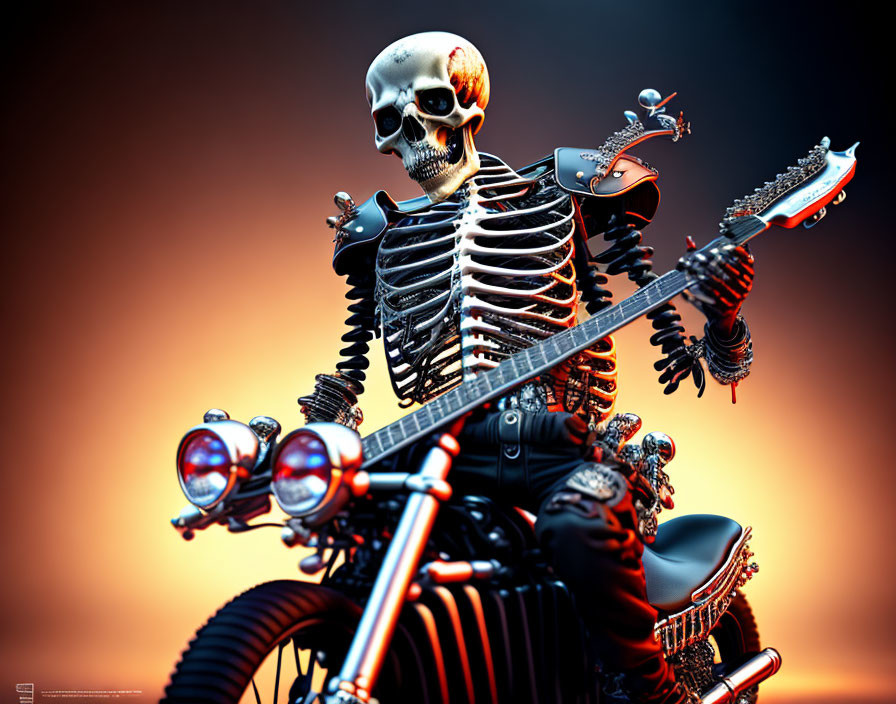 Digital artwork: Skeleton with aviator goggles on motorcycle with guitar and rodent in fiery backdrop