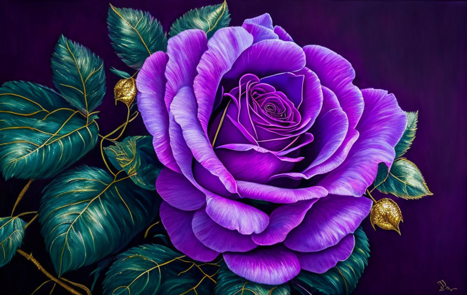 Colorful large purple rose artwork on deep purple background