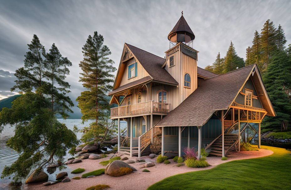 Lakeside house with tower and wooden balconies at dusk