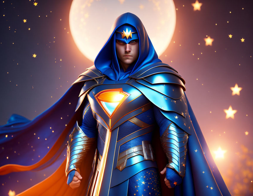 Heroic Figure in Blue and Gold Costume Under Glowing Full Moon