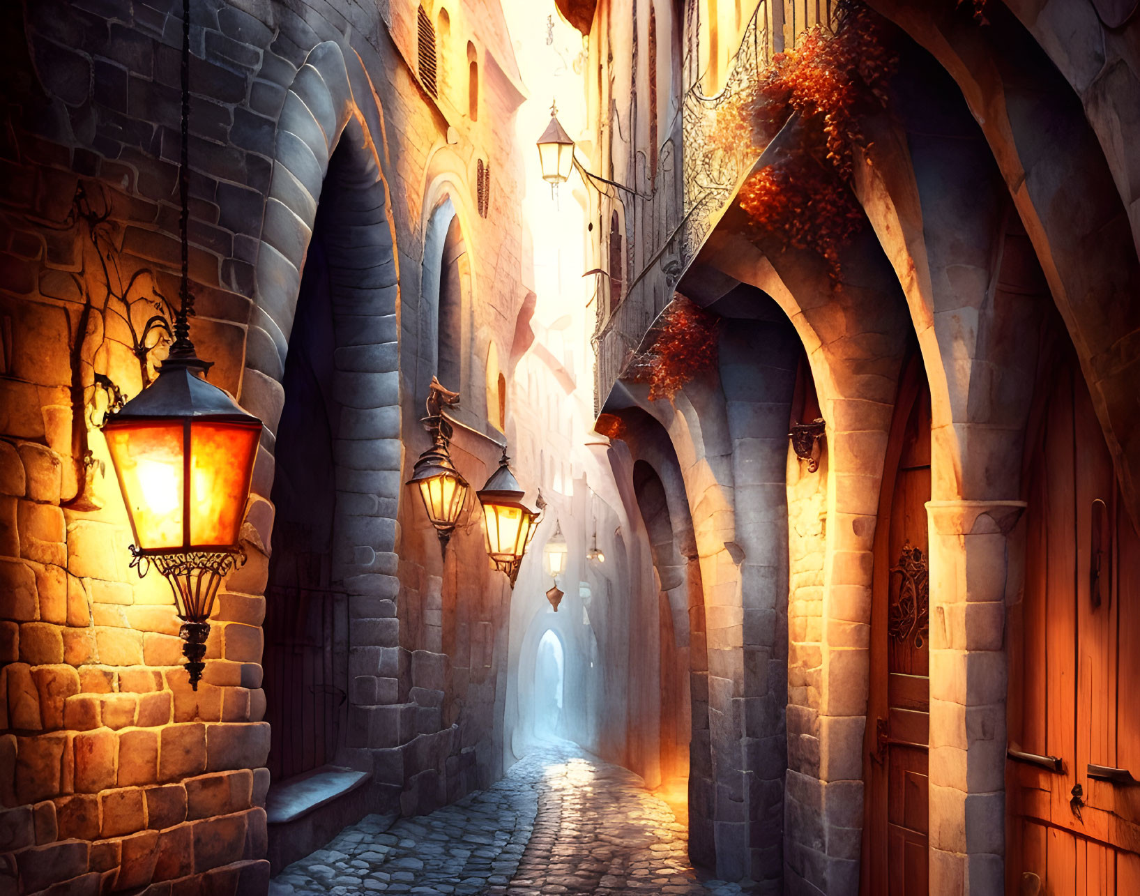 Medieval alley at twilight with glowing street lamps, cobblestones, arched doorways, and