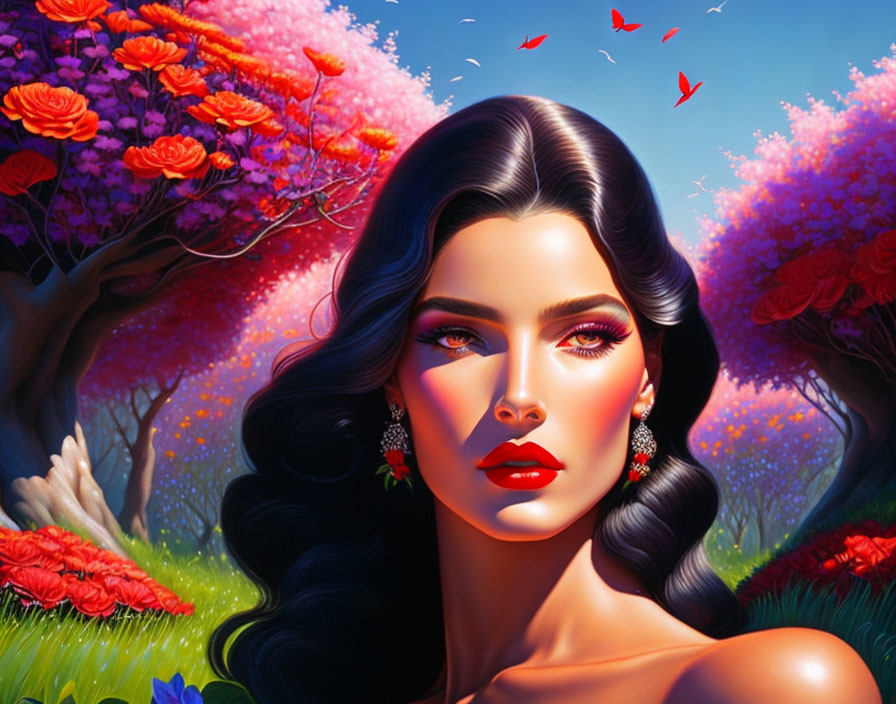 Portrait of woman with dark hair and red lipstick in vibrant nature scene