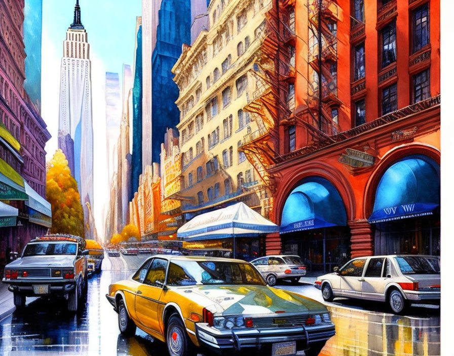 Vibrant city street illustration with classic cars and tall buildings