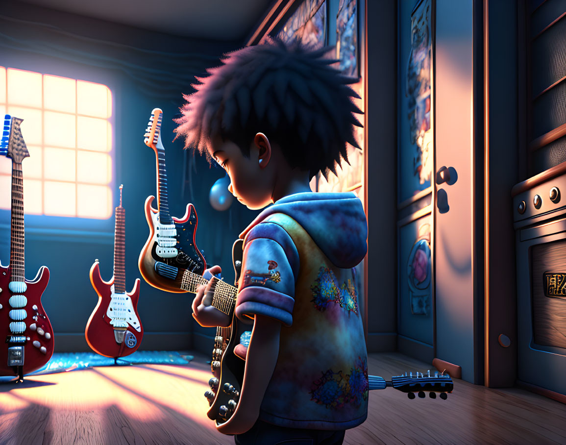 Animated character playing sunburst electric guitar in guitar-filled room at sunset