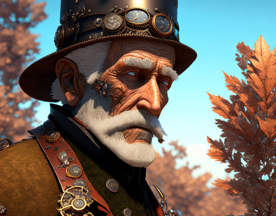 Elderly steampunk gentleman in decorated attire against autumn leaves