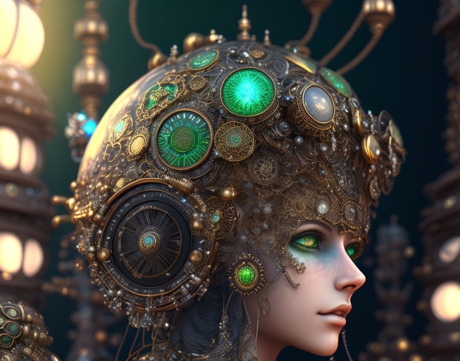 Detailed Steampunk Mechanical Headpiece on Female Figure