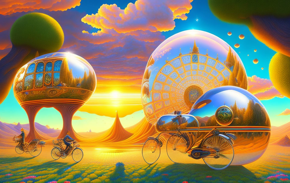 Colorful sunset landscape with whimsical cyclists, transparent spheres, and fantasy trees