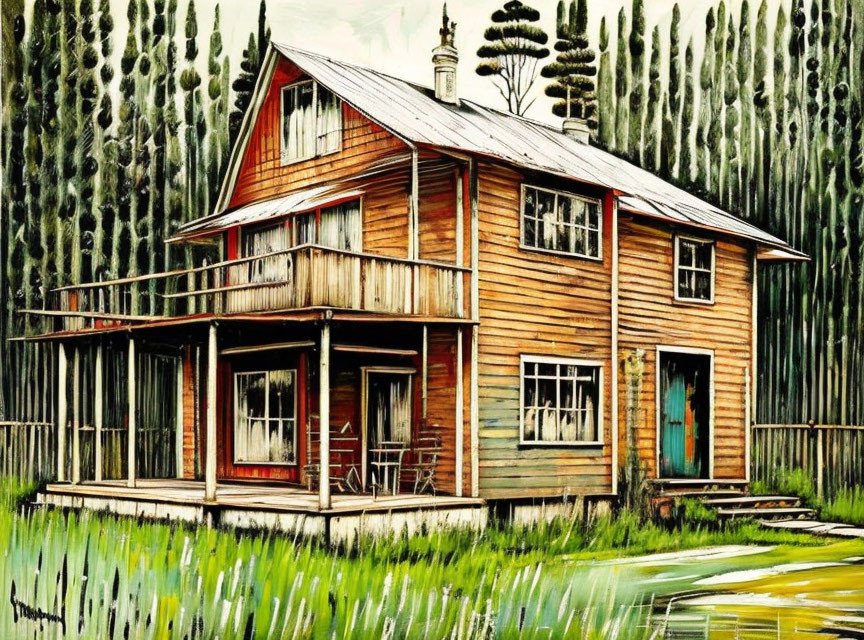 Vibrant painting of two-story wooden house with porch and greenery