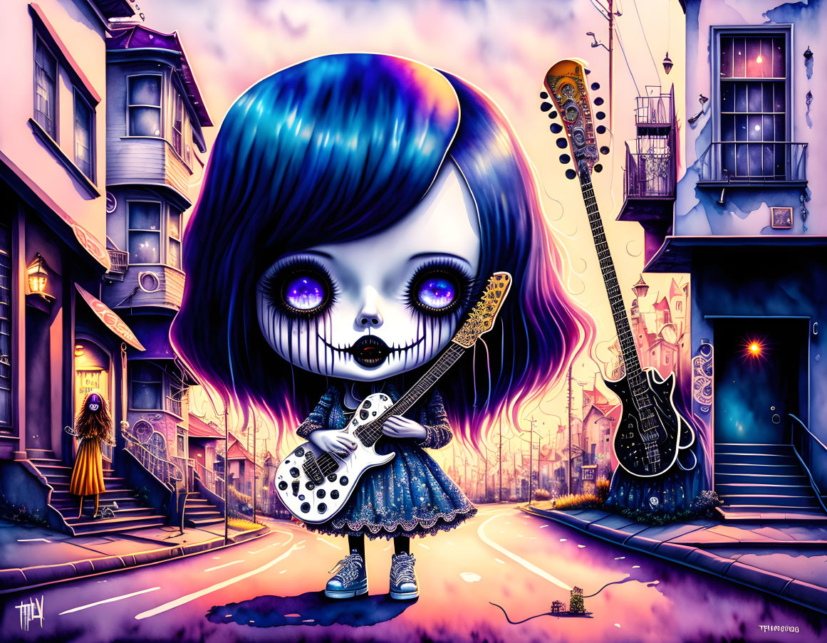 Illustration of big-eyed girl with guitar on whimsical purple street