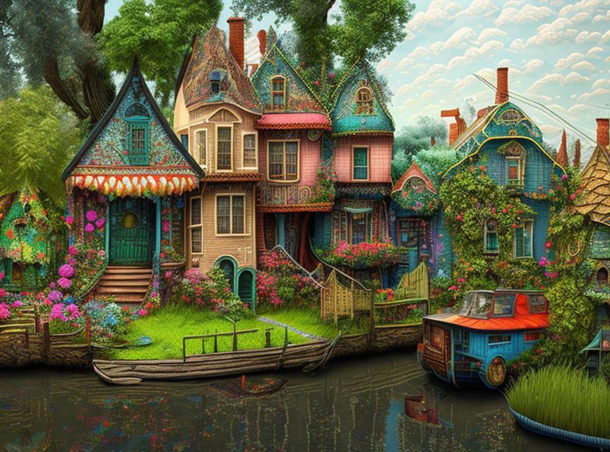 Colorful Houses by Canal: Whimsical Scene with Greenery, Flowers, Van, and Boat