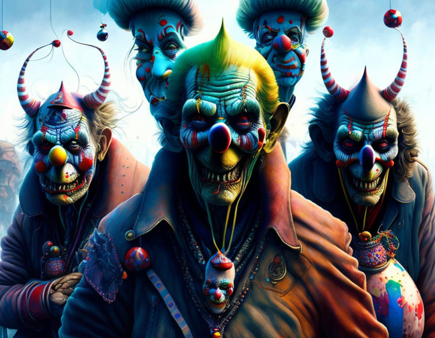 Vividly painted clowns with red noses and eerie smiles in a smoky setting