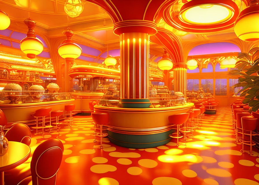 Retro-style Diner Interior with Circular Counters and Checkered Floors