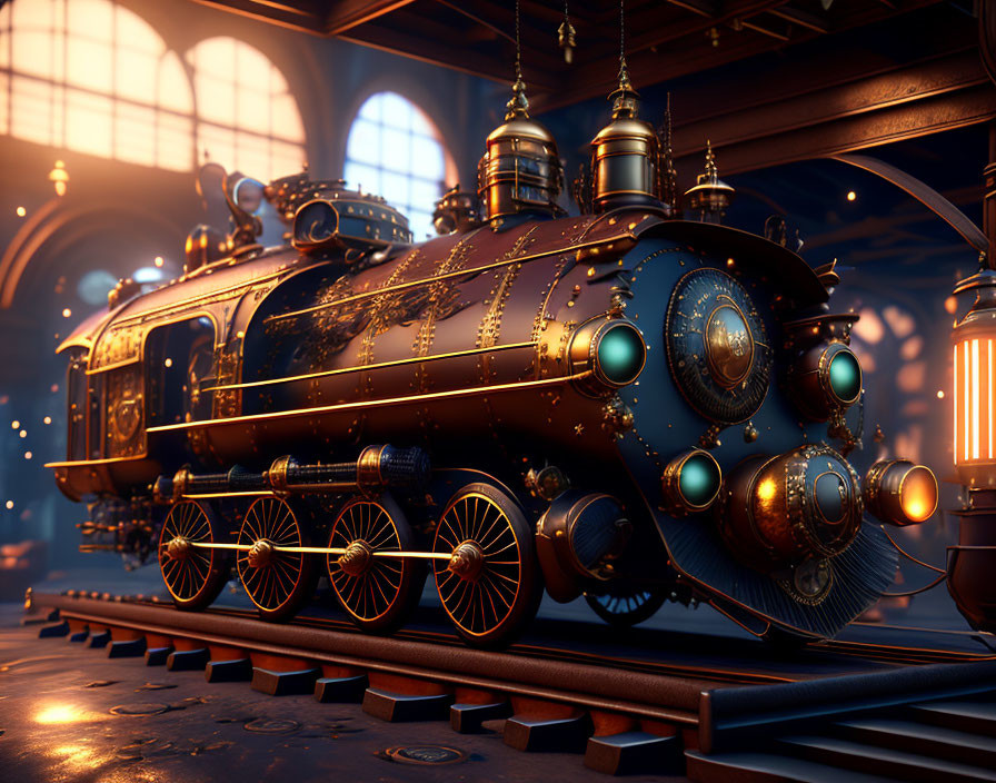 Detailed Steampunk Locomotive with Brass and Copper Fittings in Vintage Train Station