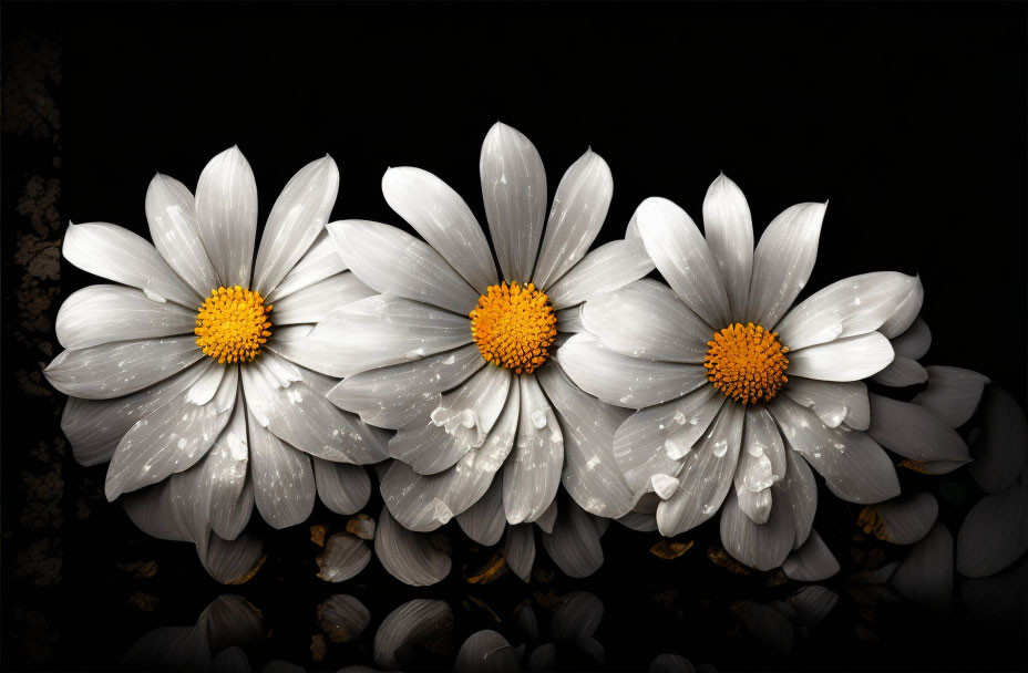 White Daisies with Yellow Centers and Water Droplets on Petals against Dark Background