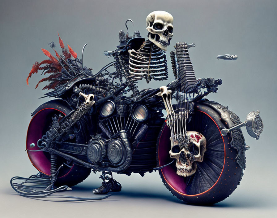 Fantasy motorcycle illustration with skeletal parts and intricate mechanical details