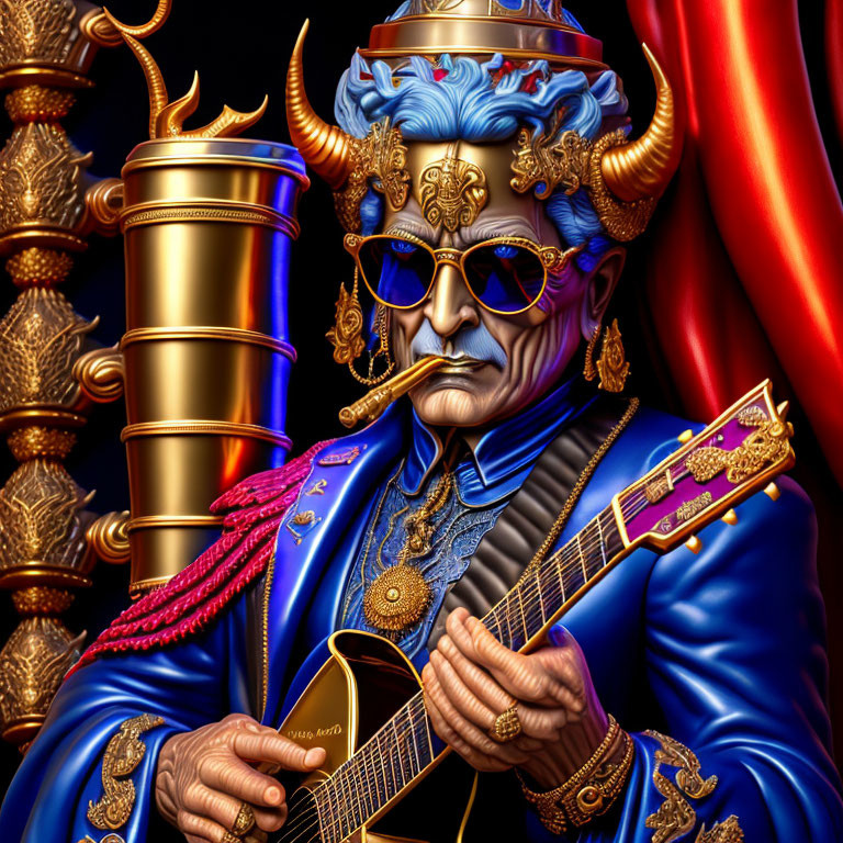 Horned humanoid playing guitar with sunglasses and cigar on red curtain backdrop