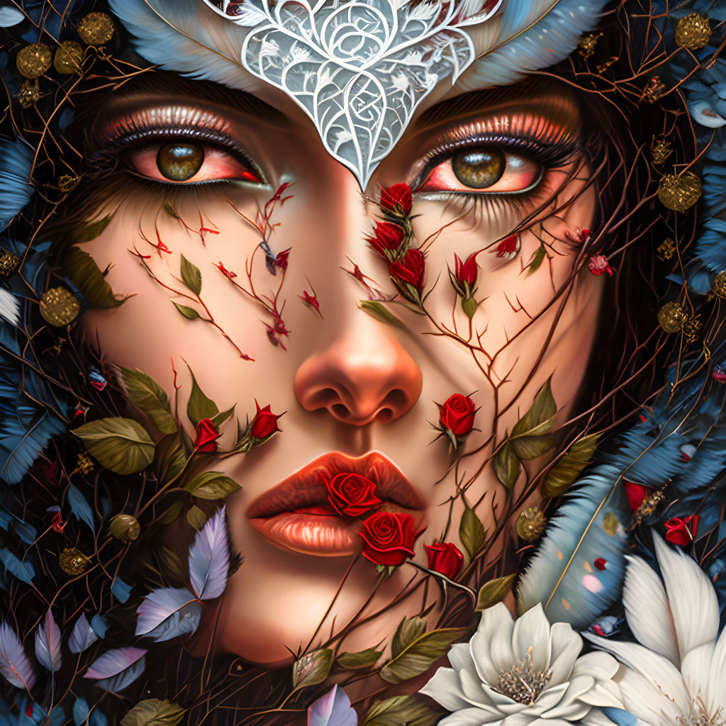 Illustration of woman's face with blue feathers, red roses, thorns, and ornamental design