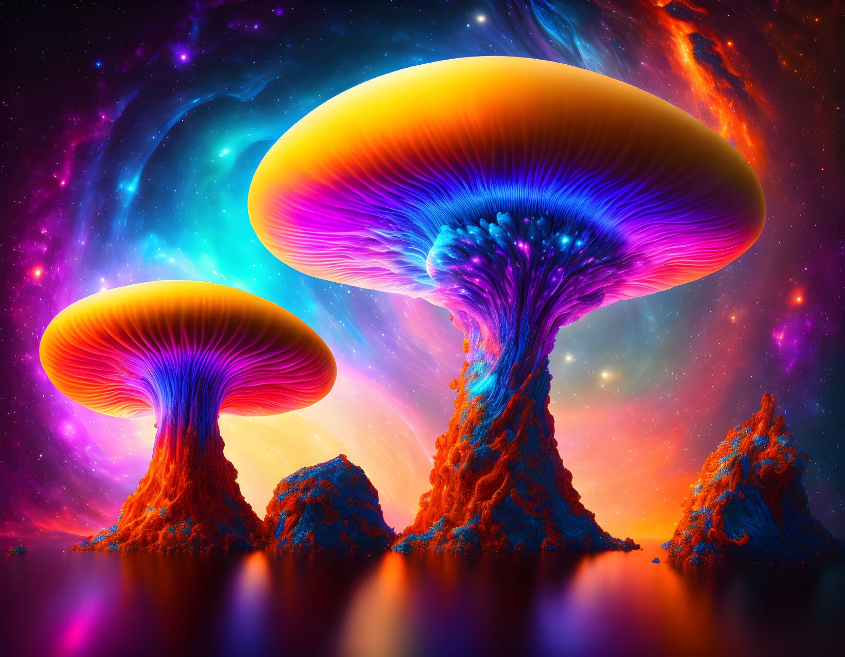 Colorful mushroom structures in cosmic fantasy setting