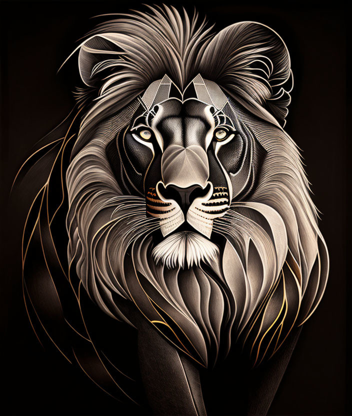 Detailed black and white lion illustration with golden highlights on dark background