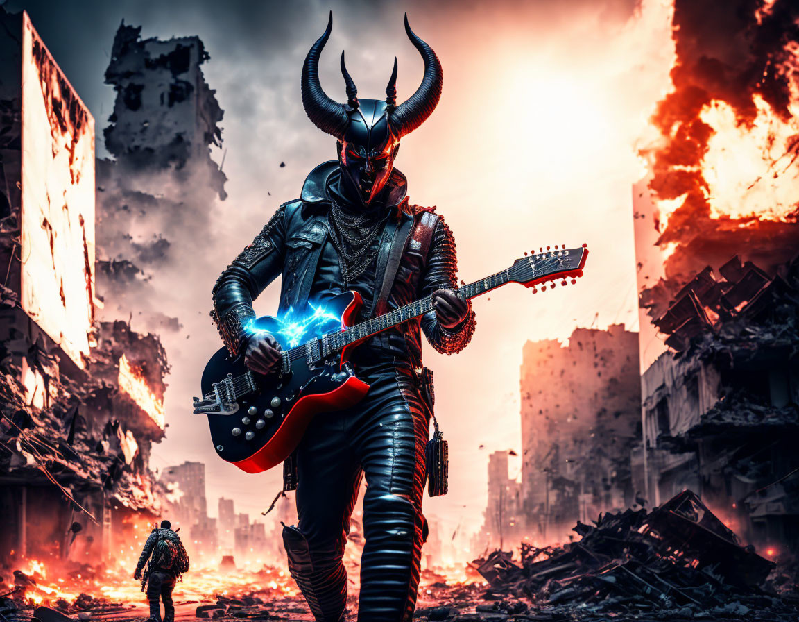 Demonic figure playing electric guitar in fiery urban landscape