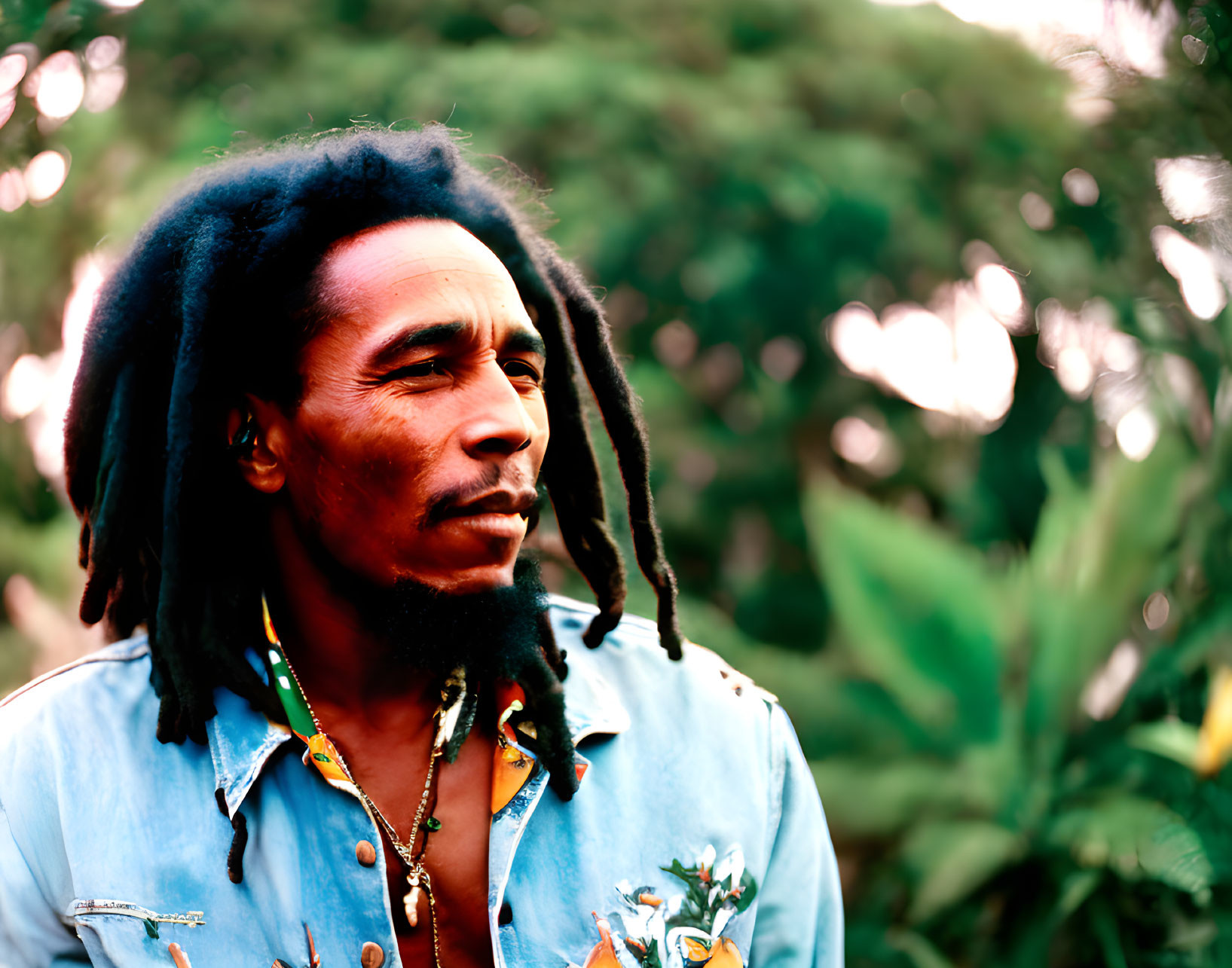 Dreadlocked man in colorful shirt gazes in green landscape