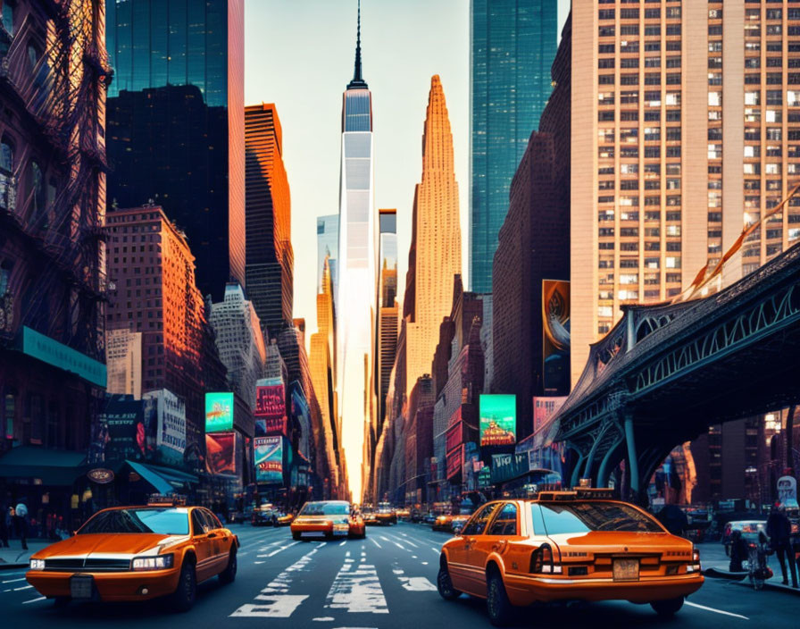 Vibrant city street at sunset with yellow cabs and skyscrapers