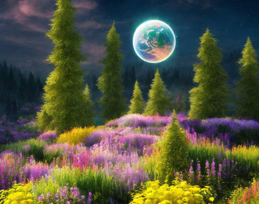 Colorful Meadow Under Night Sky with Earth-like Planet