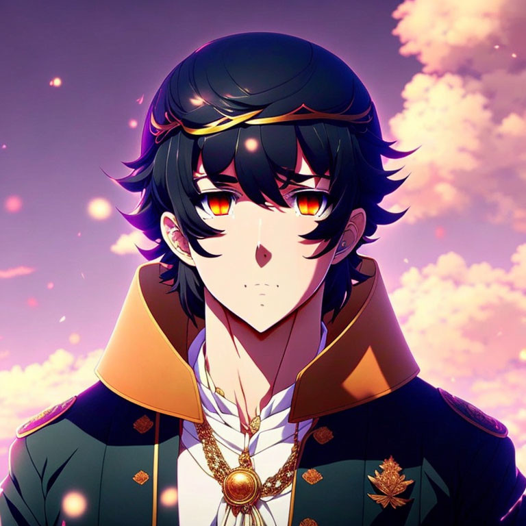 Anime-style male character with black hair, orange eyes, military outfit, under purple sky.