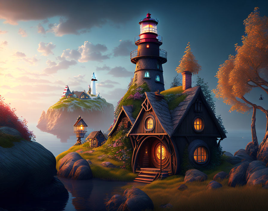 Fairytale lighthouse and cottage by the sea at sunset