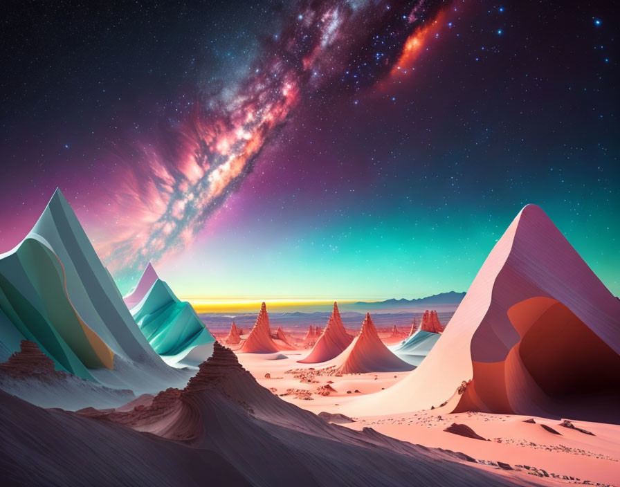 Vibrant surreal landscape: colorful sand dunes under starry sky