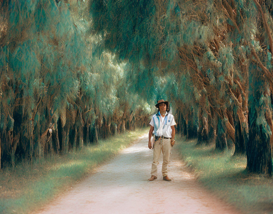 Person in Hat and Vest on Tree-Lined Dirt Path with Sunlight