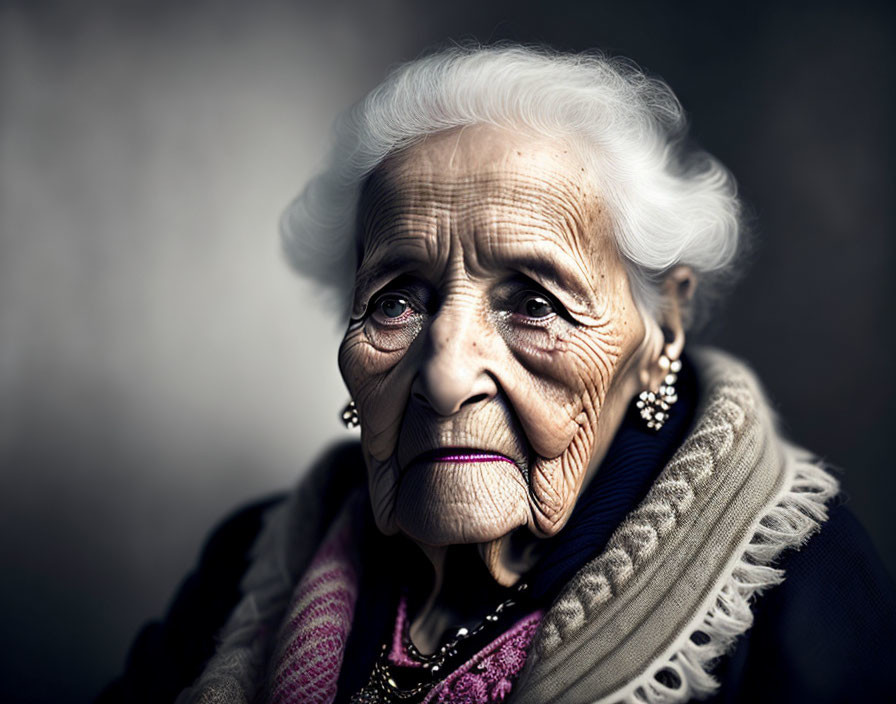 Elderly woman with white hair and deep wrinkles in thoughtful pose