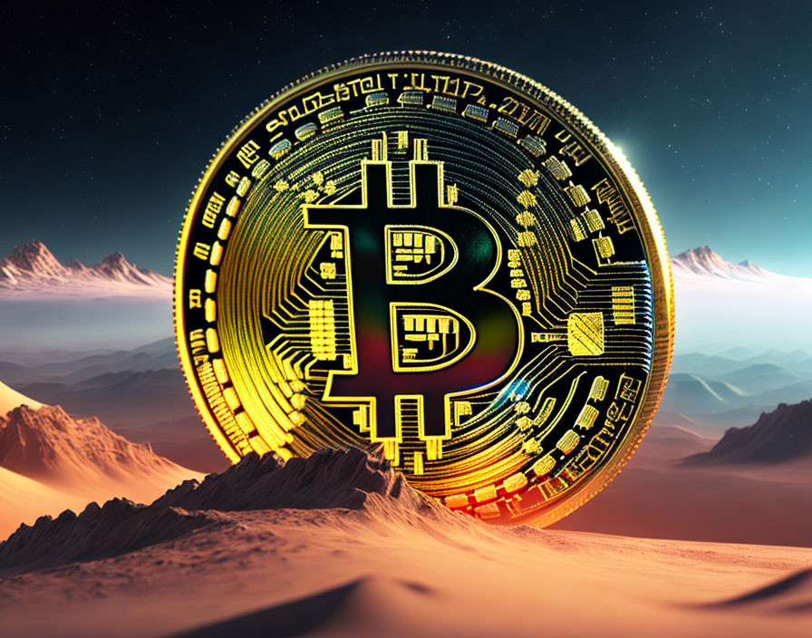 Bitcoin symbol overlaid on desert mountain landscape at twilight