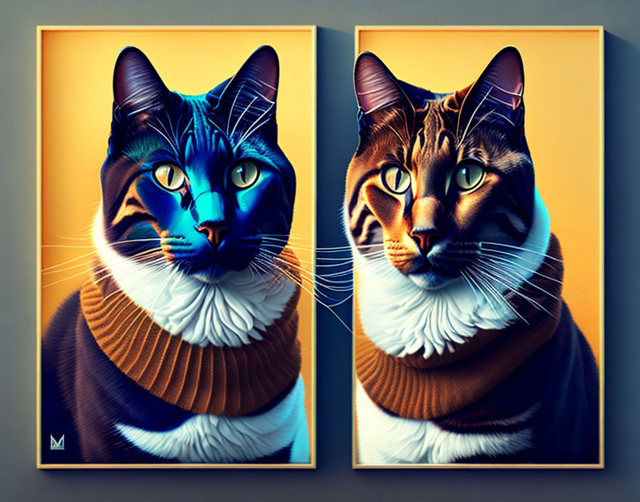 Stylized cat portraits with human-like eyes in turtleneck sweaters