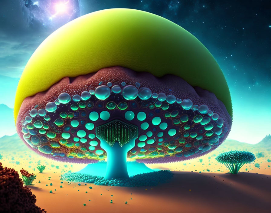 Colorful mushroom-like structure in space-themed digital art