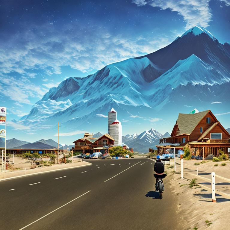 Motorcyclist in urban setting with snow-capped mountain backdrop