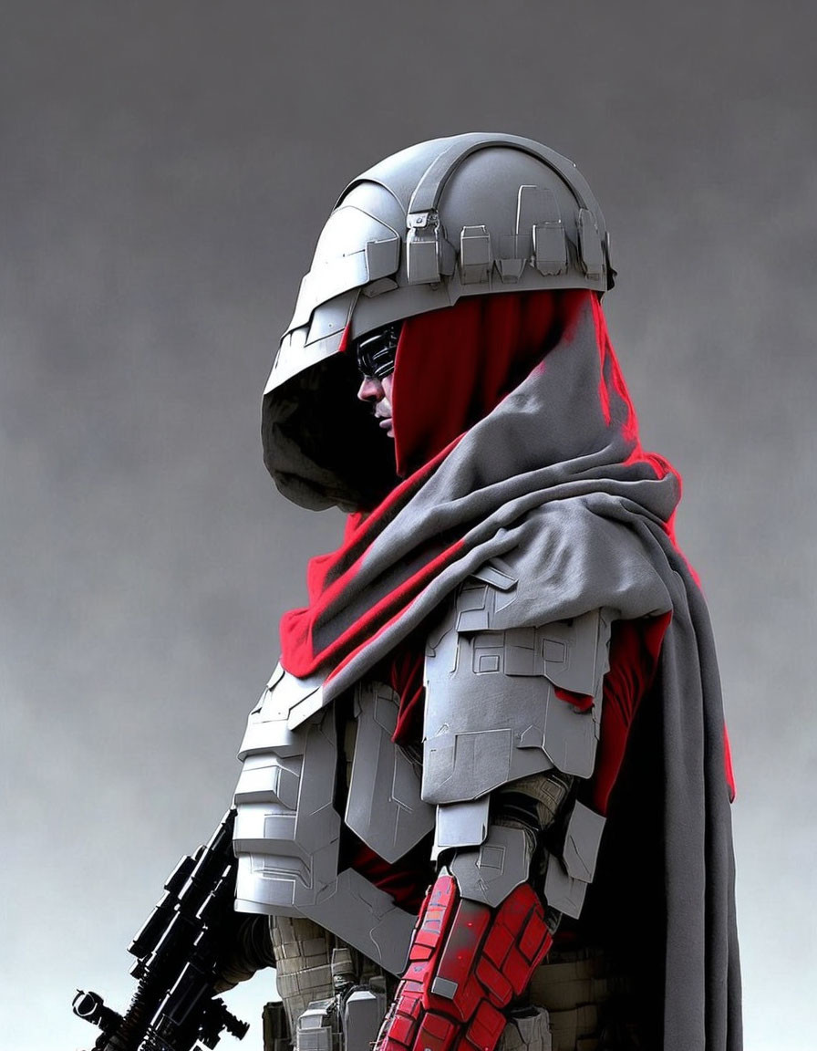 Futuristic soldier in red scarf and helmet with rifle on gray background