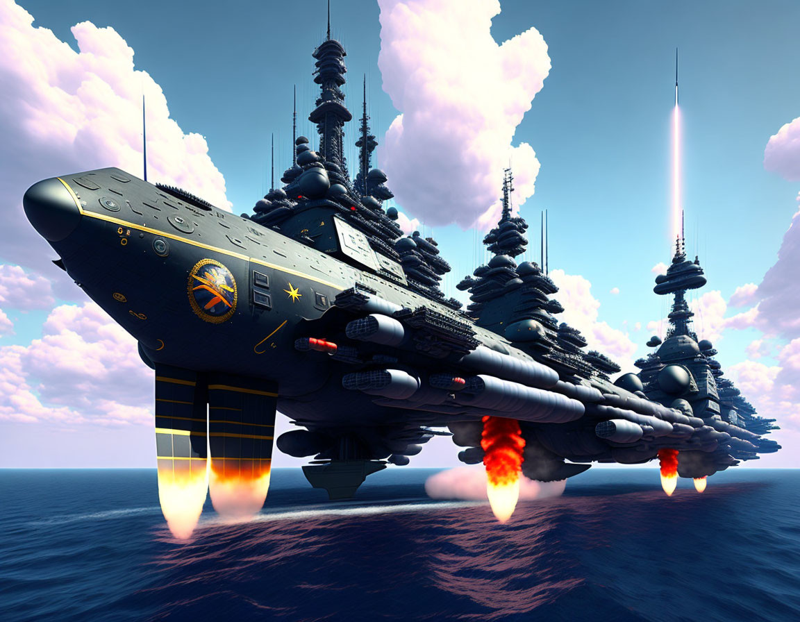 Futuristic battleships with gun turrets flying over ocean, launching rockets under clear skies