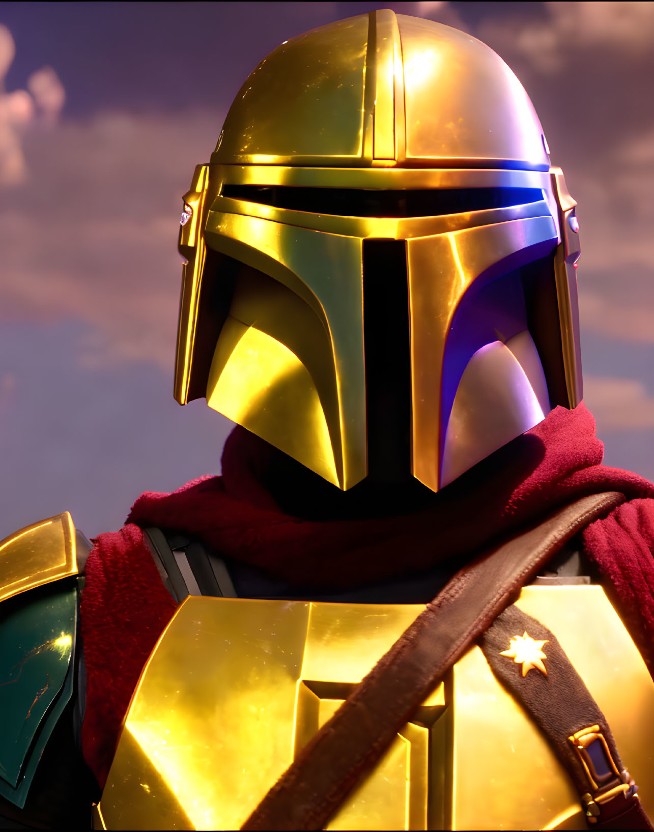 Close-up Mandalorian armor with golden reflective helmet and chestplate under purple sky