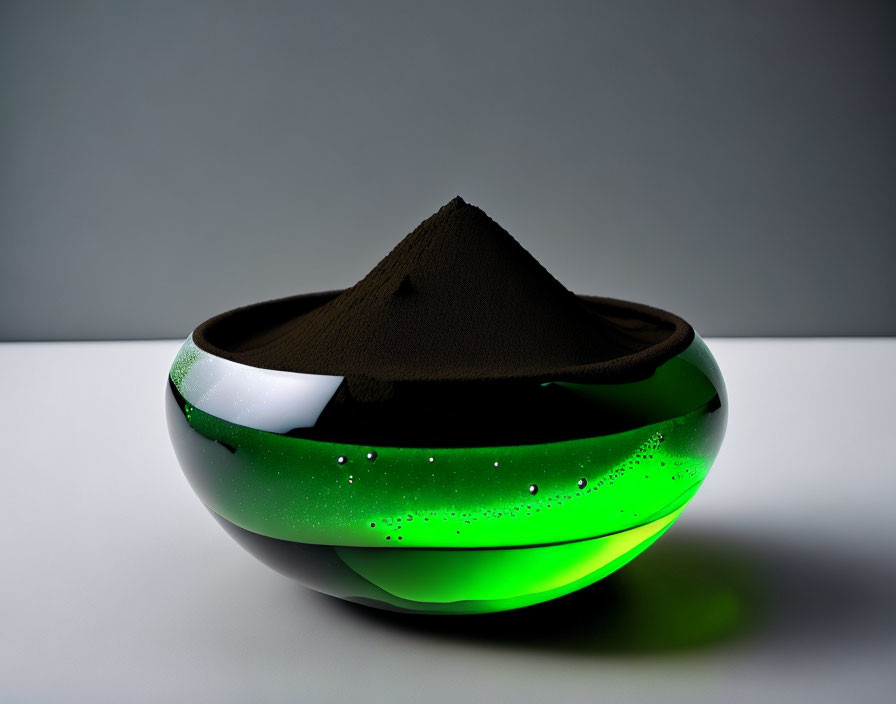 Translucent Green Bowl with Dark Sand on Gray Surface